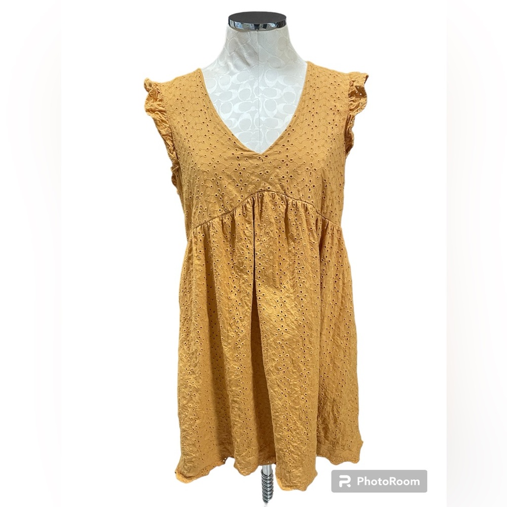 Knox Rose Mustard Eyelet V-Neck Ruffled Sleeve Dress
